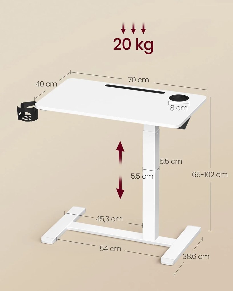 Gurulós ágy melletti asztal, kis állítható magasságú asztal, 70 × 40 cm-es asztallap, fehér