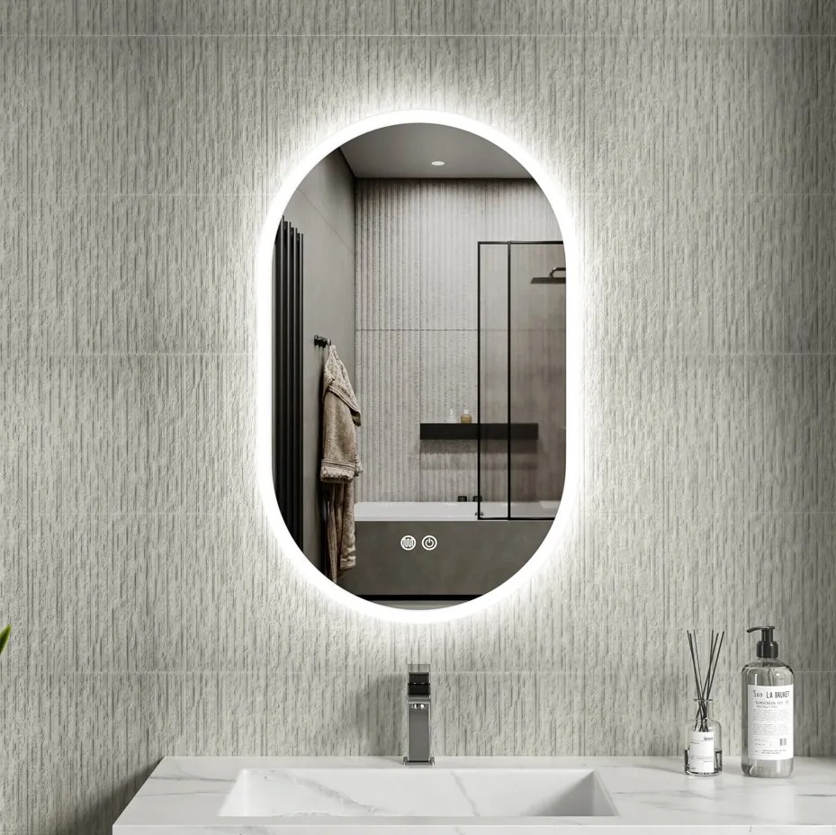 Erga Demi, ovális LED tükör 50x80cm, 3 színű fény, első világítás, páramentes fűtőbetét, ERG-V01-Demi-5080-CL