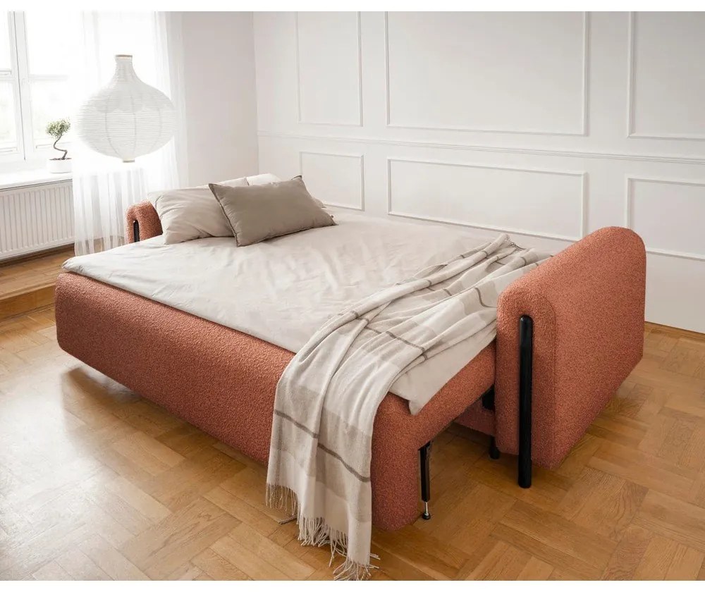 Terrakotta színű buklé kinyitható-tárolóhelyes kanapé 244 cm Arcadova – ELTAP