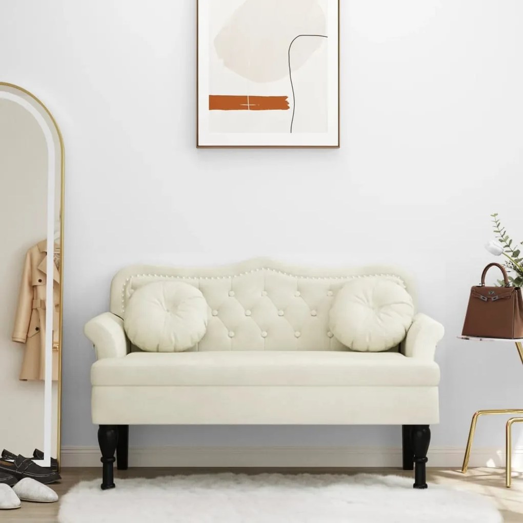 krémszínű bársony pad párnákkal 120,5 x 65 x 75 cm