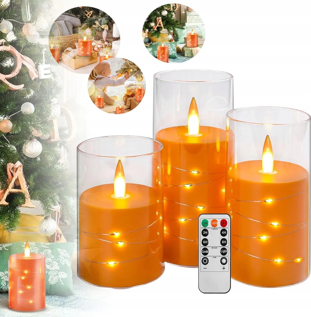 3XElegáns Led gyertya füstszínű üvegben, gyertya utánzattal