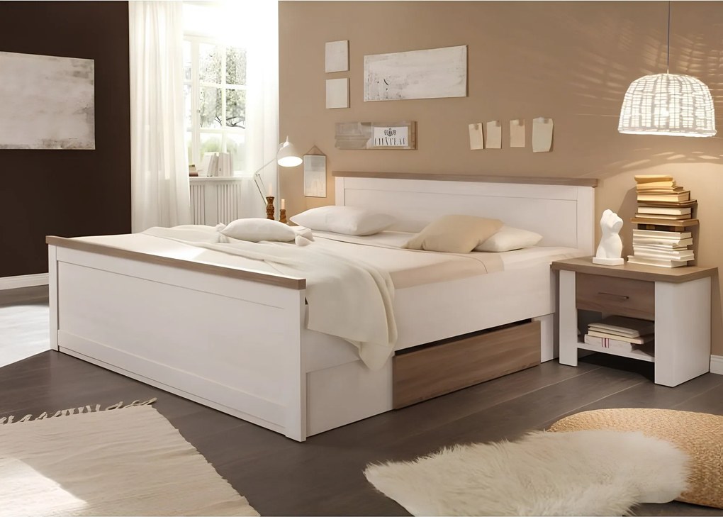 Ágykeret + 2db éjjeliszekrény, DTD fóliázott, sonoma tölgy trüffel/mandulafenyő fehér, LUMERA
