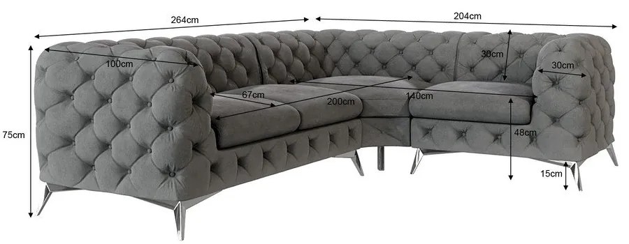 Szürke bársony sarokkanapé (jobb oldali-L alakú) Chelsea – Ropez