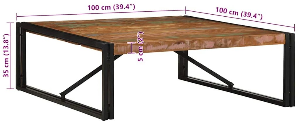többszínű tömör újrahasznosított fa dohányzóasztal 100x100x35cm