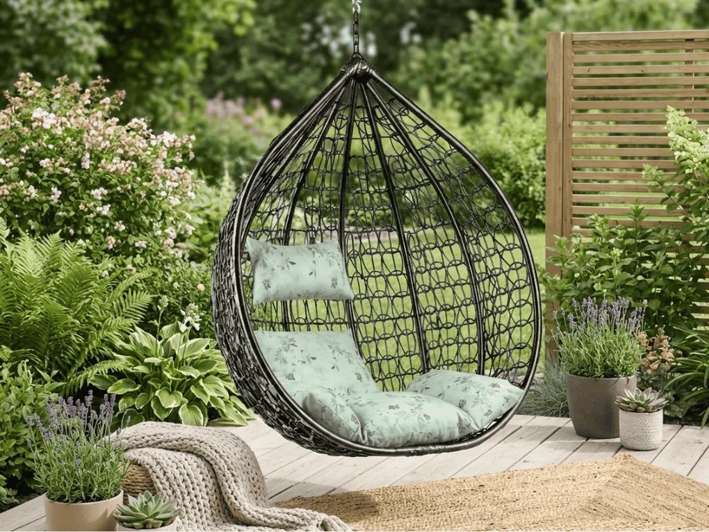 Fekete függőszék KOKON állvány nélkül, világoszöld mintás párnával