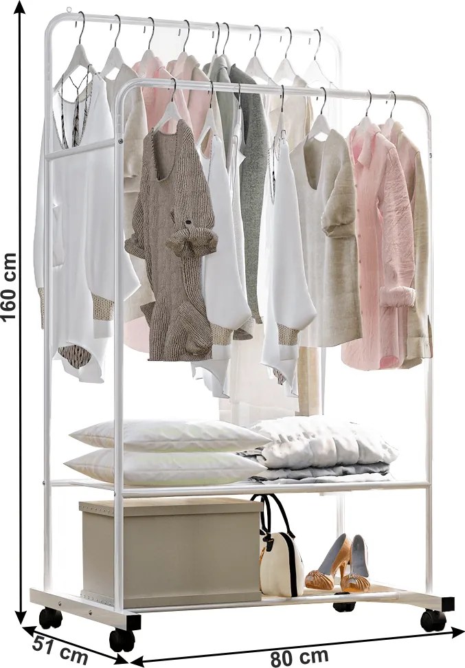 Kétsoros mozgatható akasztó, polcokkal, fehér, RAINER