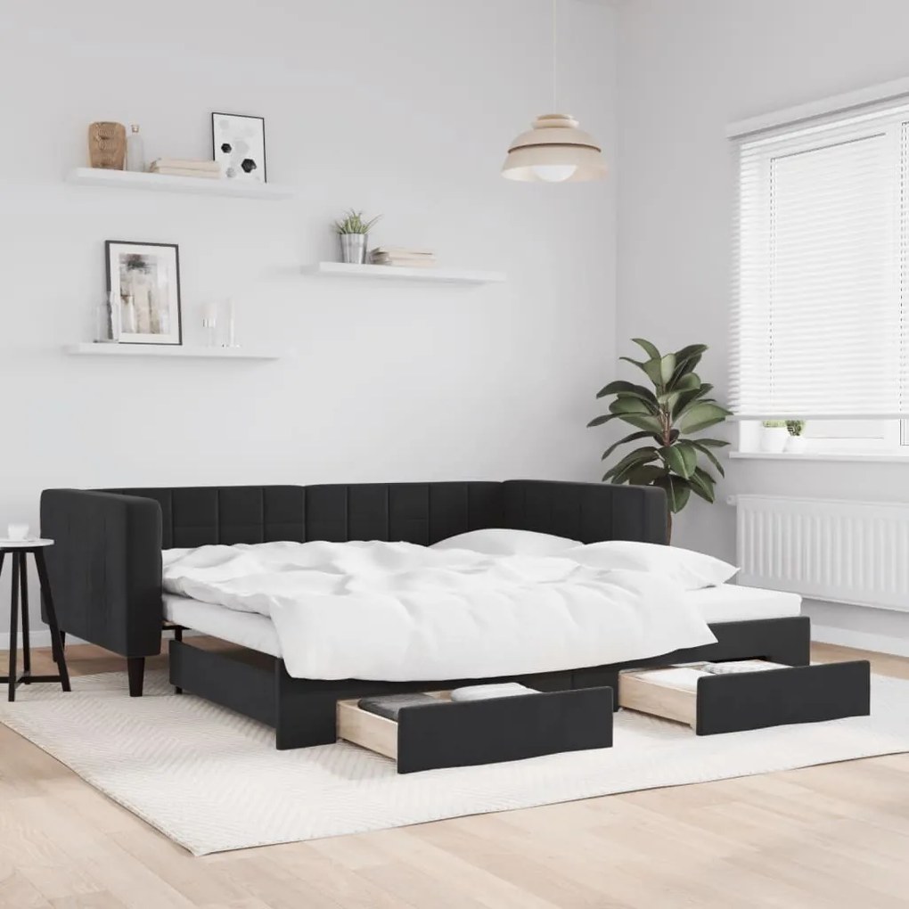 fekete kihúzható bársony heverő fiókkal 90 x 190 cm