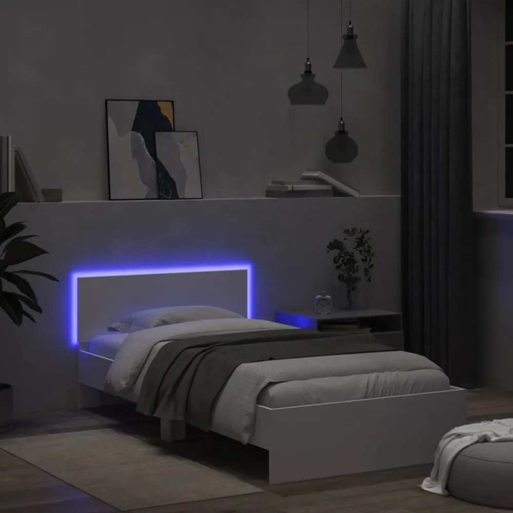 fehér ágykeret fejtámlával és LED-világítással 100 x 200 cm