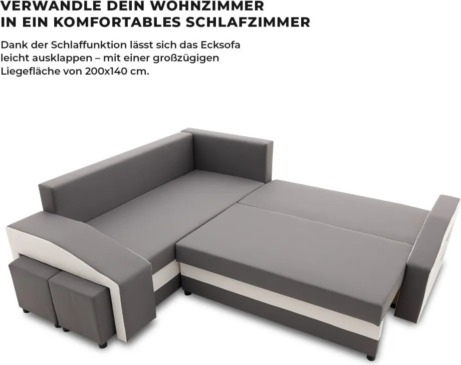 Grande sarokkanapé polcokkal és puffokkal , polc a jobb karfaban puffok a bal karfaban, baloldali, szövet anyag, bonell töltet, szürke - fehér