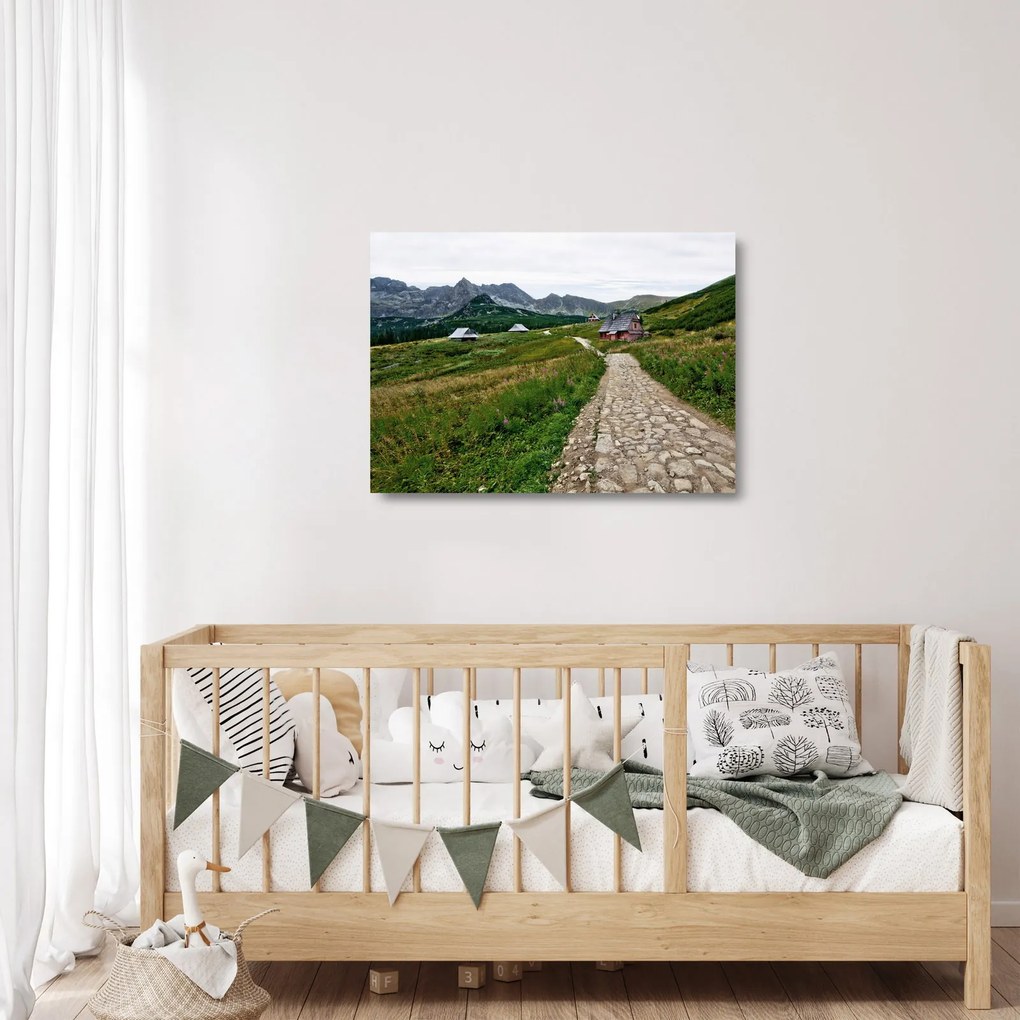 Üveg kép - Hegyi táj házakkal (70x50 cm)