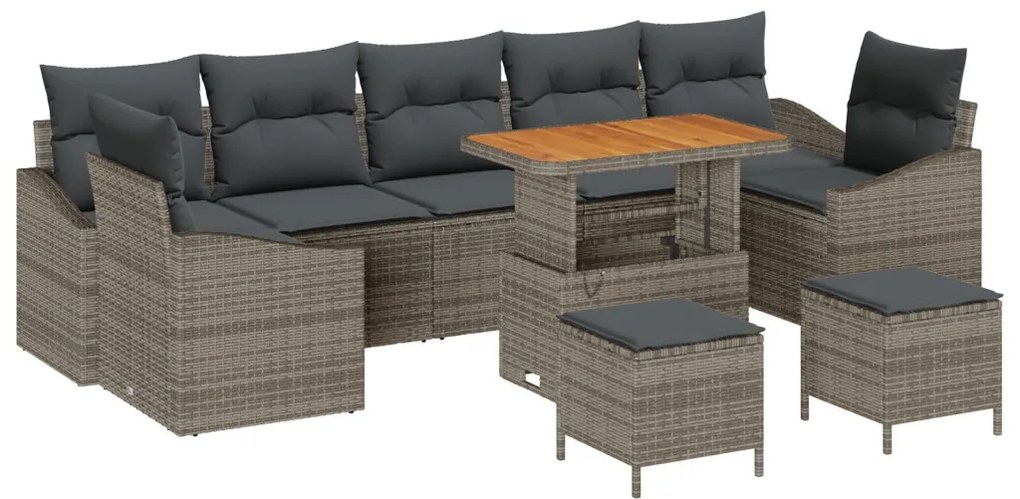 10 részes kertibútor szett párnákkal, szürke poli rattan akácia, 2-személyes kertibútor párnákkal, szürke poli rattan, 3 részes kertivacsora szett párnákkal, szürke poli rattan akácia