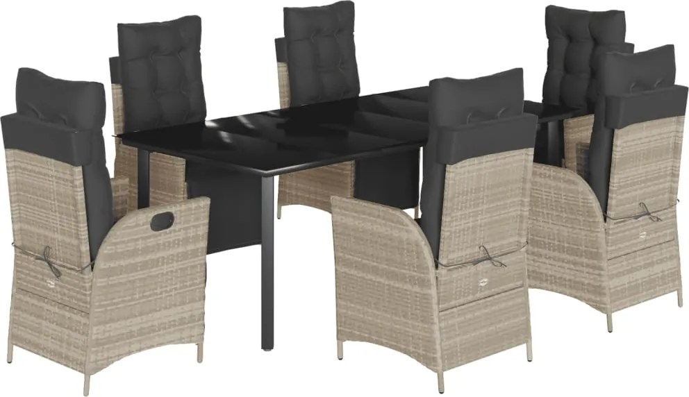 vidaXL 7 részes világosszürke polyrattan kerti étkezőszett párnával