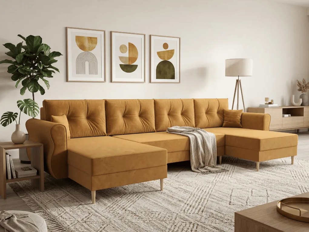 Ágyazható U alakú kanapé SILVIANO 300x140 cm, mustár színű + 2 db díszpárna INGYEN
