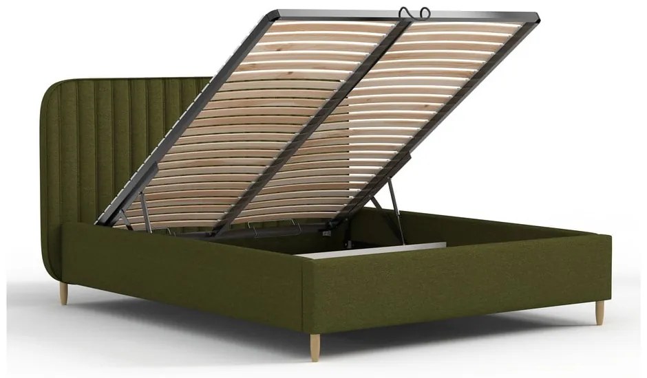 Zöld kárpitozott ágyneműtartós franciaágy ágyráccsal 140x200 cm Noto – Maison de Rêve