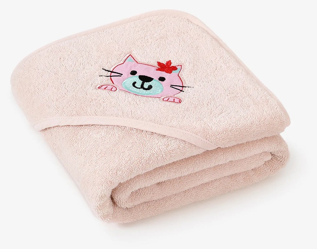 Goldea gyermek frottír fördőlepedő csuklyás - cicuka világos rózsaszínen 100 x 100 cm