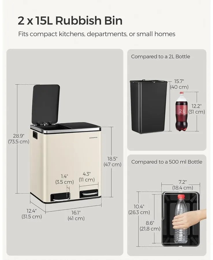 SONGMICS konyhai szemetes, 2 x 15 literes dupla kuka szelektív hulladékgyűjtéshez, homokbézs és fekete színben