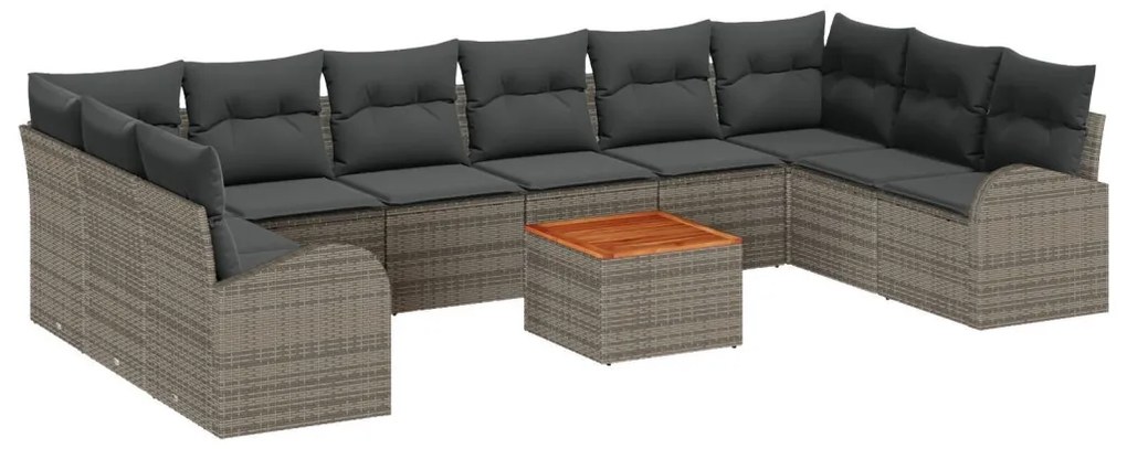 11 Részes Kert Canapé Szett Párnákkal Szürke Poli Rattan Acacia, 2-üléses Kert Canapé Tárolóval és Párnákkal Szürke Poli Rattan