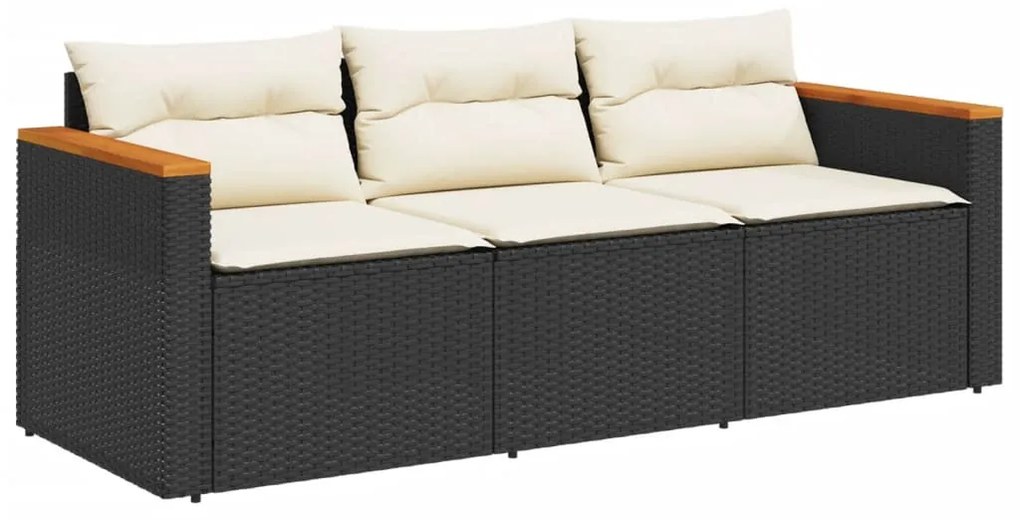 Fekete 3 személyes polyrattan kerti kanapé párnákkal