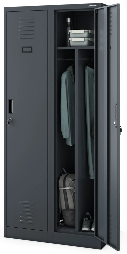 Pléh öltözőszekrény talpazaton, kétmodulos, polccal és köztes fallal KACPER, 800 x 1800 x 500 mm, antracit