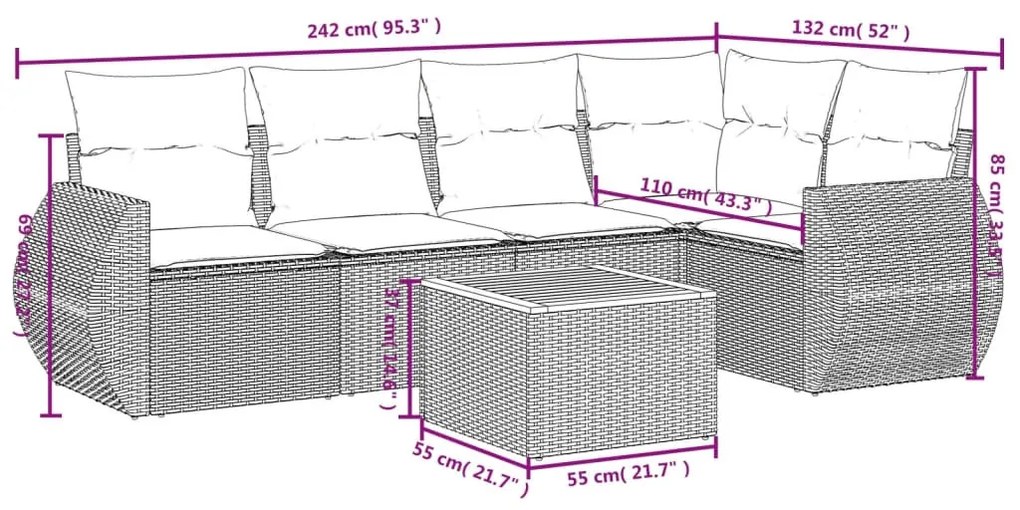 6 részes fekete polyrattan kerti ülőgarnitúra párnákkal