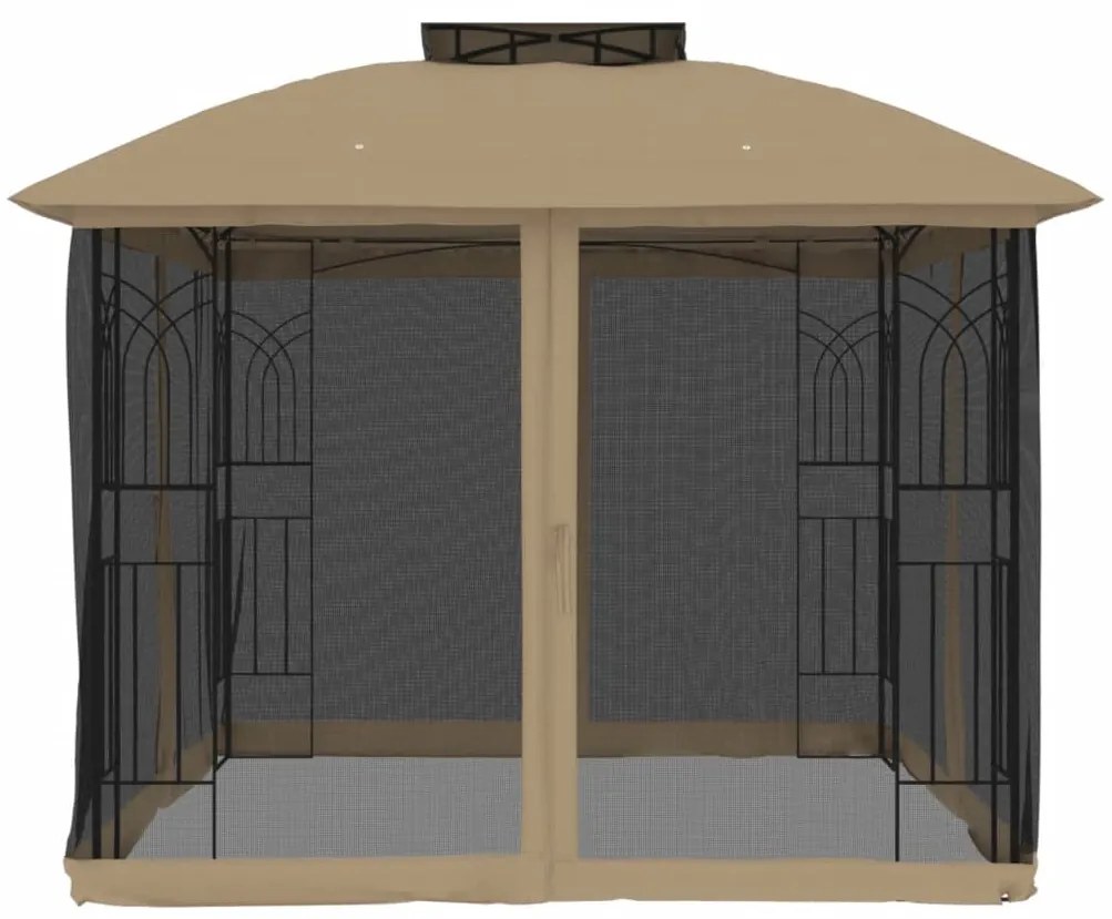 tópszínű acél dupla tetős pavilon hálós falakkal 2,94 x 2,94 m