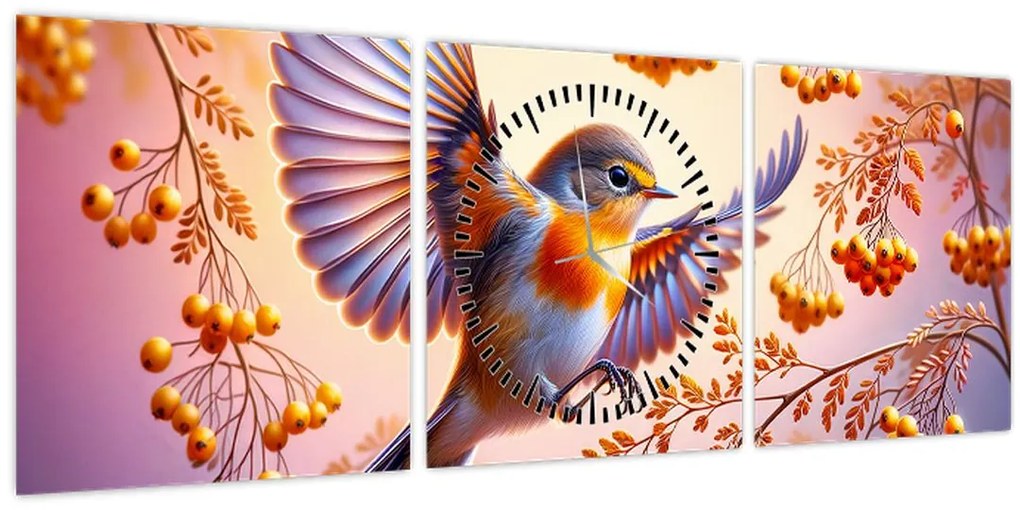 Kép - Madár berkenyével (órával) (90x30 cm)