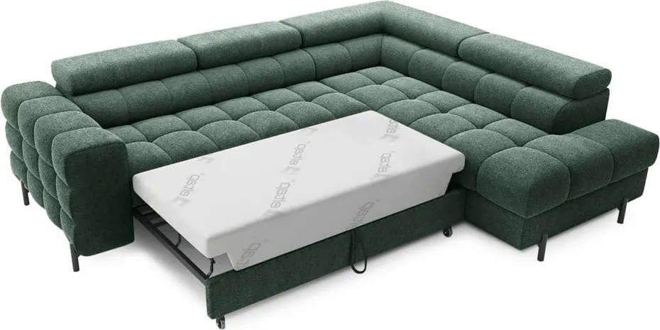Zöld buklé kinyitható-tárolóhelyes sarokkanapé (jobb oldali-L alakú) Ferucce – ELTAP