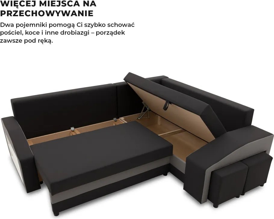 Grande sarokkanapé polcokkal és puffokkal , polc a bal karfaban puffok a jobb karfaban, jobboldali, szövet anyag, bonell töltet, fekete - szürke