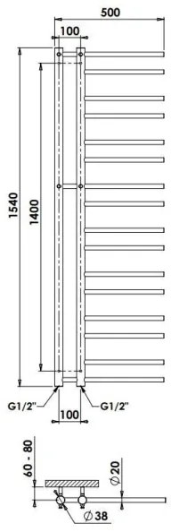 P.M.H. T2C-L - THEIA fürdőszobai törölközőszárító radiátor 352 W 154 cm balos/fényes króm