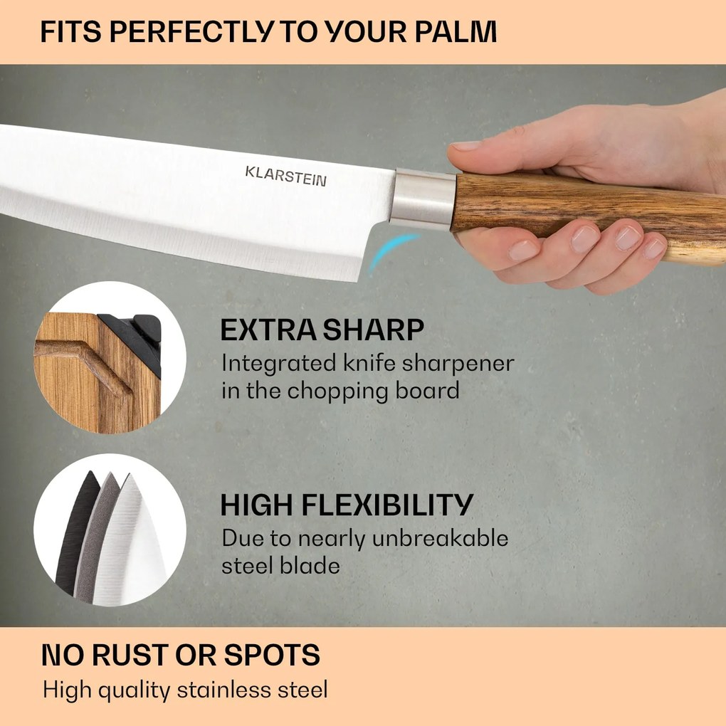 Klarstein Komaki, késkészlet, 8 darabos, 5 kés, 3 vágódeszka, tartó kések élezéséhez