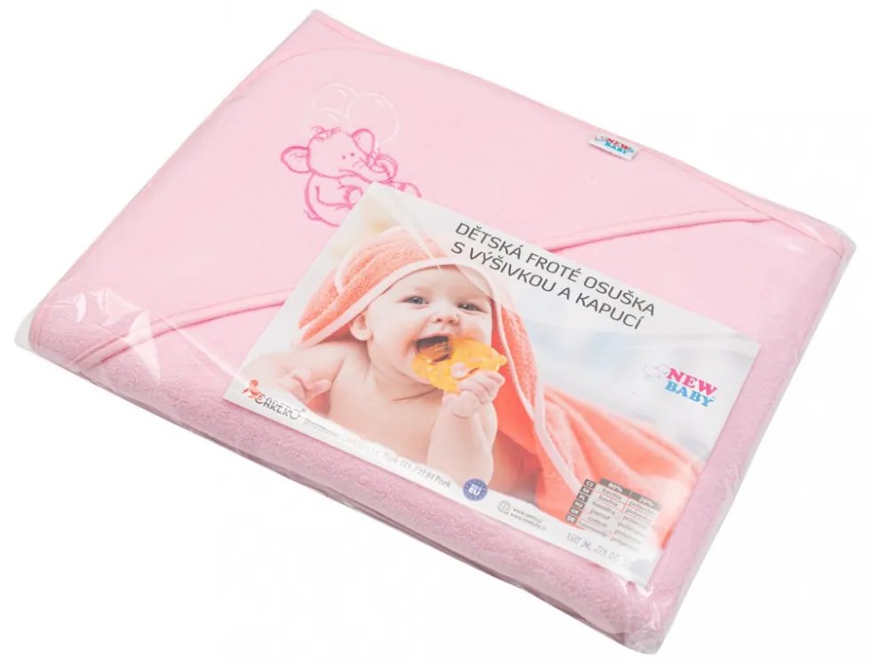 Gyermek frottír törölköző hímzéssel és kapucnival New Baby 100x100 rózsaszín elefánt