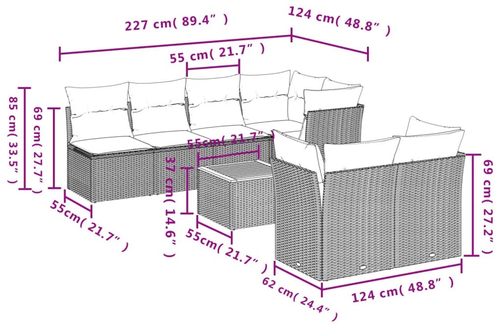 8-részes szürke polyrattan kerti ülőgarnitúra párnákkal