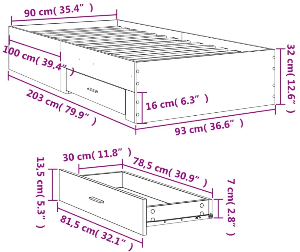 betonszürke szerelt fa ágykeret fiókokkal 90 x 200 cm