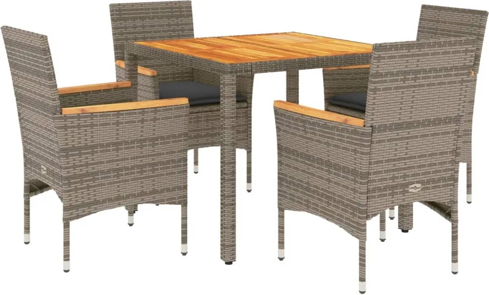 vidaXL 5részes szürke polyrattan/akácfa kerti étkezőgarnitúra párnával