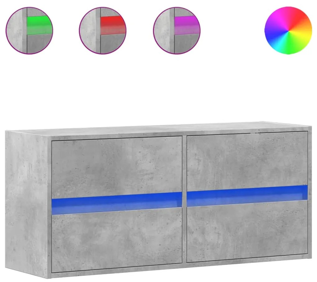 betonszürke falra szerelhető TV-szekrény LED-del 100x31x45 cm