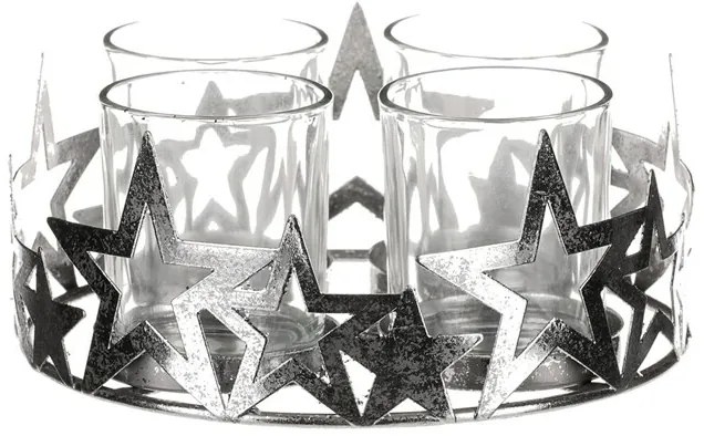 Adventi Csillag gyertyatartó üvegpoharakkal, fém, ezüst