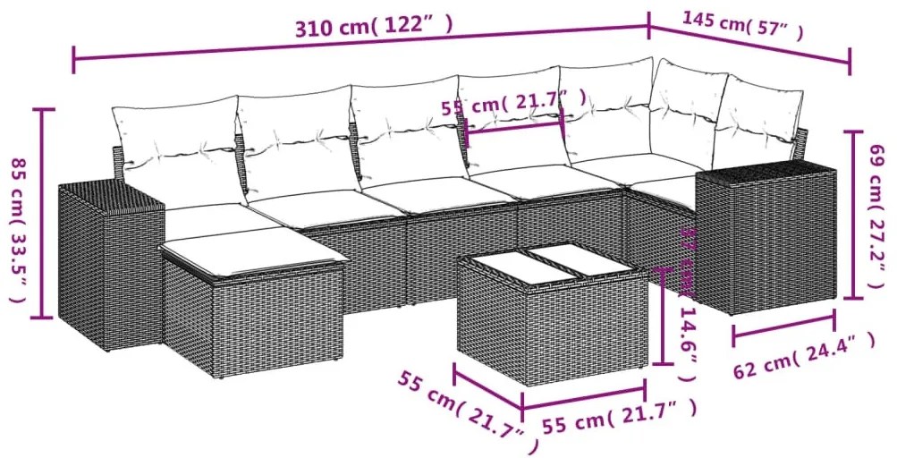 8 részes fekete polyrattan kerti ülőgarnitúra párnákkal