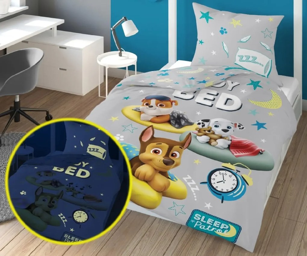 Világító ágynemű PAW PATROL Ready for bed szürke Ágyneműhuzat mérete: 70 x 80 cm | 140 x 200 cm