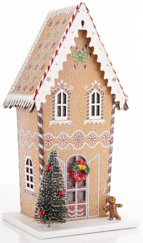 LED-es karácsonyi lámpás mézeskalács jellegű emeletes házikó ünnei díszítéssel fenyőfával asztali dekoráció 22x11x9cm