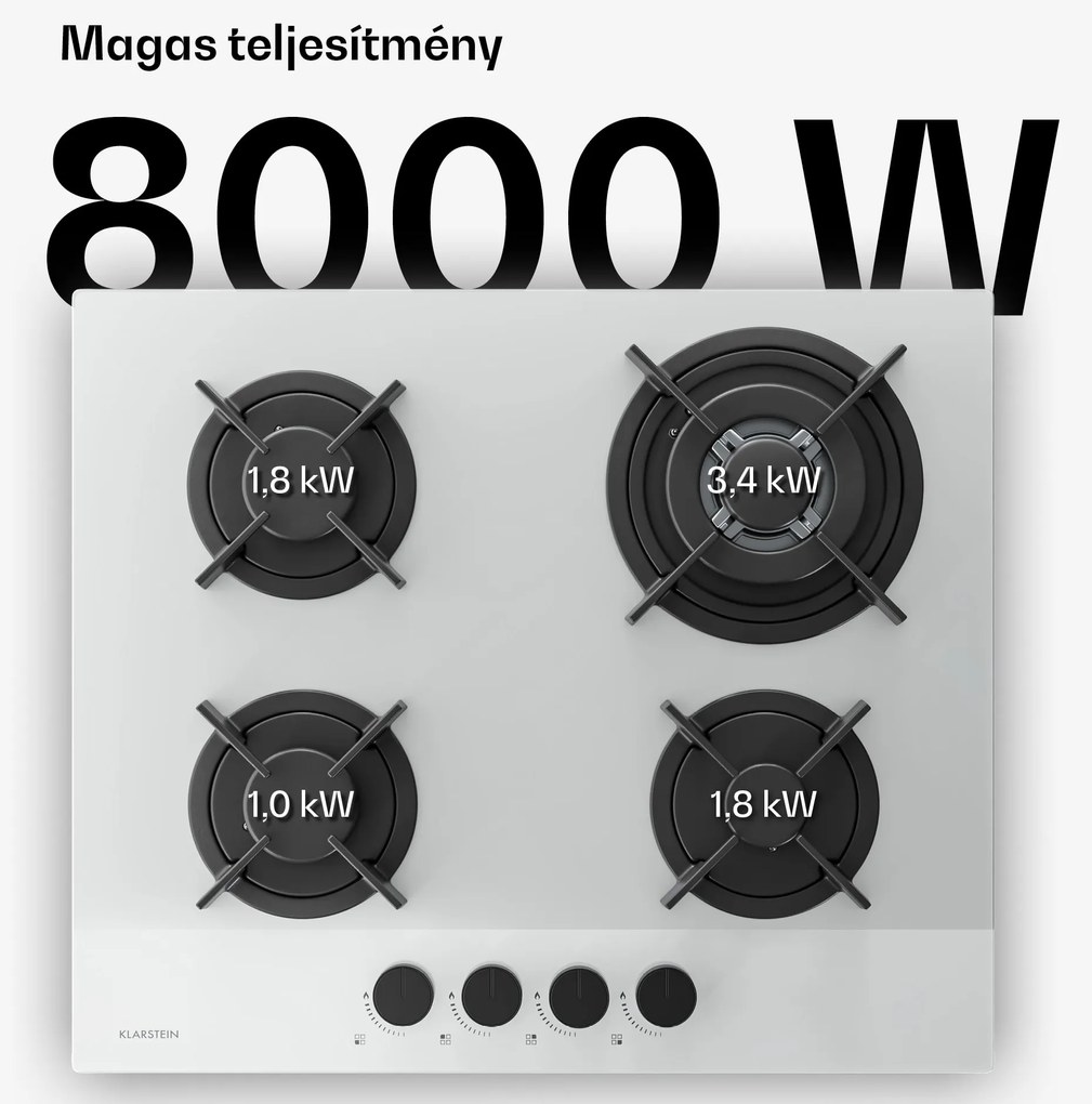Klarstein Velaire gázfőzőlap, 4 égős főzőlap elektromos gyújtással, kompatibilis földgázzal és LPG-vel, 8000W, 60cm
