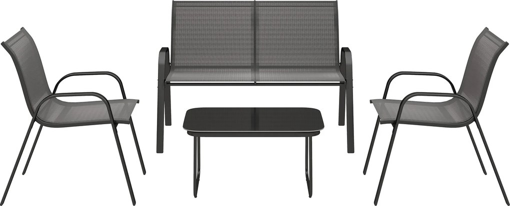 Outsunny 4 darabos kültéri kertbútor szett 2 rakásolható székkel, 2 személyes kanapéval és fekete edzett üveg asztallal | Aosom