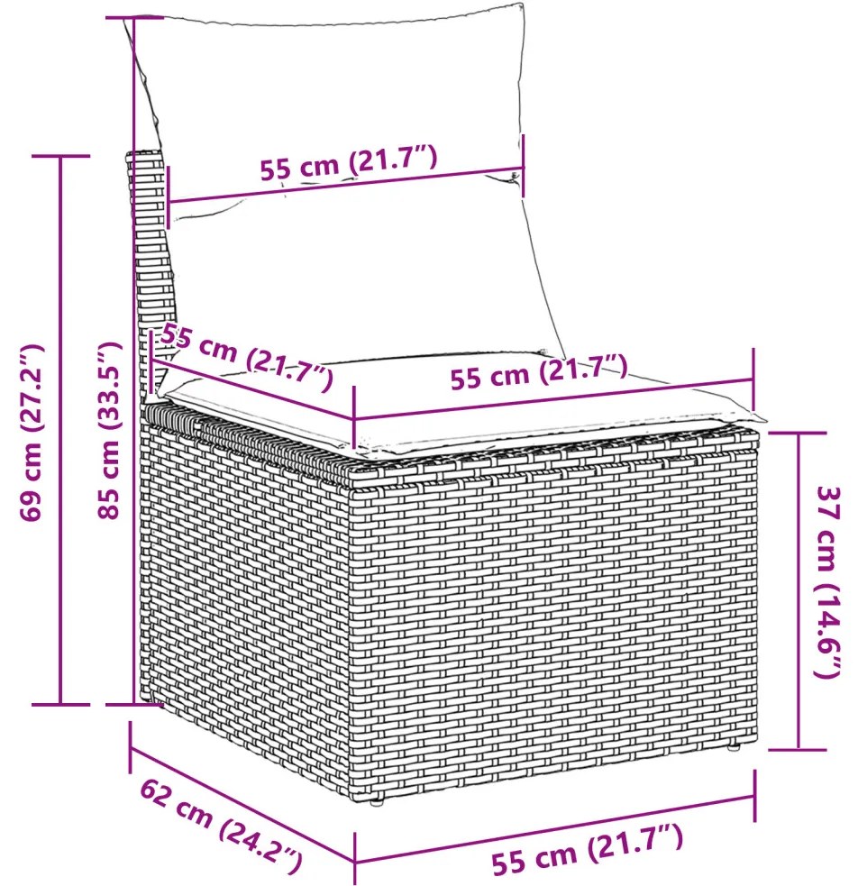 7 db-os Kerti Kanapé Szett Párnákkal Fekete Poli Rattan Akác, 2 személyes Kerti Kanapé Tárolóval &amp; Párnákkal Fekete Poli Rattan