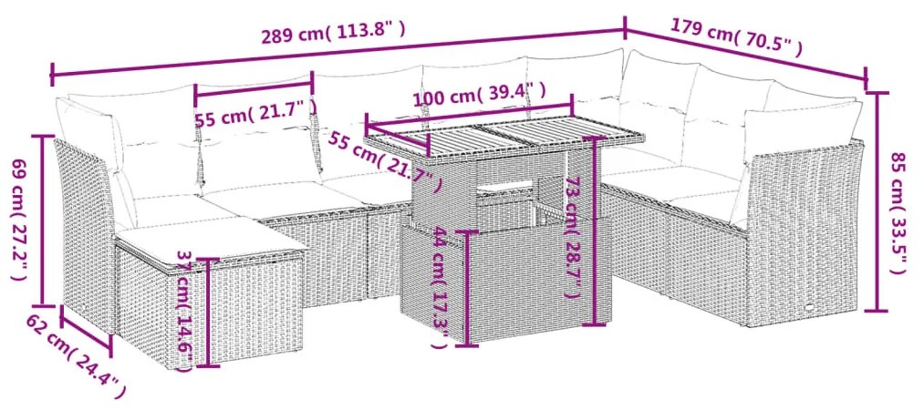 9-részes szürke polyrattan kerti ülőgarnitúra párnákkal