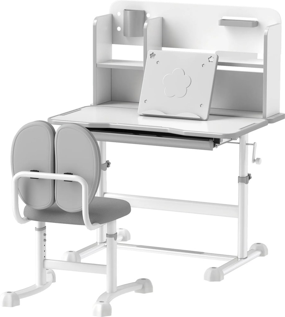 AIYAPLAY Magasságban Állítható Gyerek Íróasztal és Szék Szett 3-12 Éveseknek, Iskolai Íróasztal 45°-os Dőlésszöggel, Fiókkal, Polccal, Ceruza Tartóval