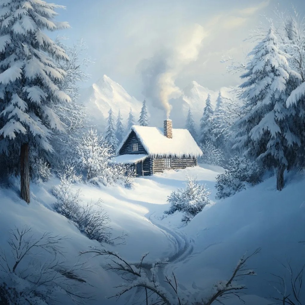 Canvas Vászonkép Tájkép Tél Hó Erdő Hegyek Ház Kunyhó Rönk 80x80