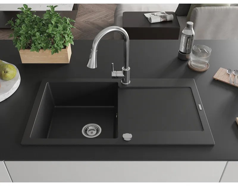 Mexen Leo, 1 kamrás gránit mosogató 900x500x190 mm és Elia mosogató csaptelep, fekete, 6501-77-670101-00