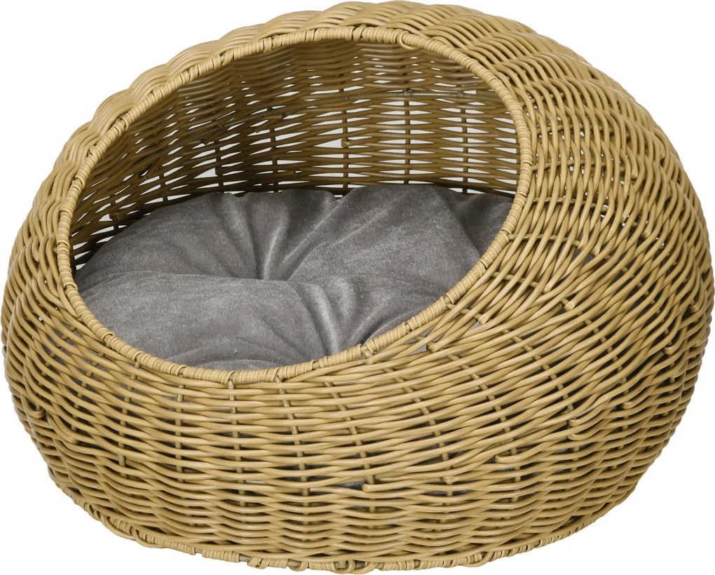 PawHut Rattan Macska Kosár Macska Ház Macska Kunyhó Párnával 4 kg-ig, Macska Ágy Macska Barlang, Belső Tér, PE Rattan, Ø50 x 31 cm, Világos Barna | Ao