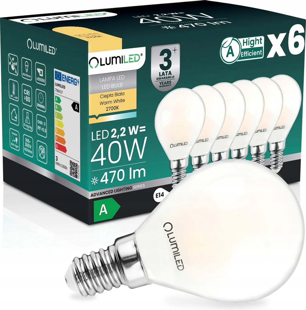 6x Led Izzó E14 Filament A Osztály 2,2W 470LM 40W 2700K 360° Golyó