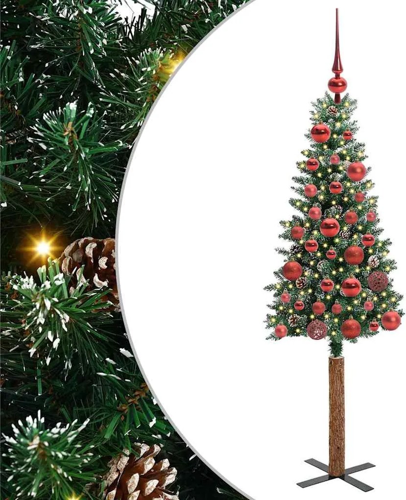 vidaXL Karcsú karácsonyfa 150 LED-del Zöld 150 cm PVC és tömör fenyőfa