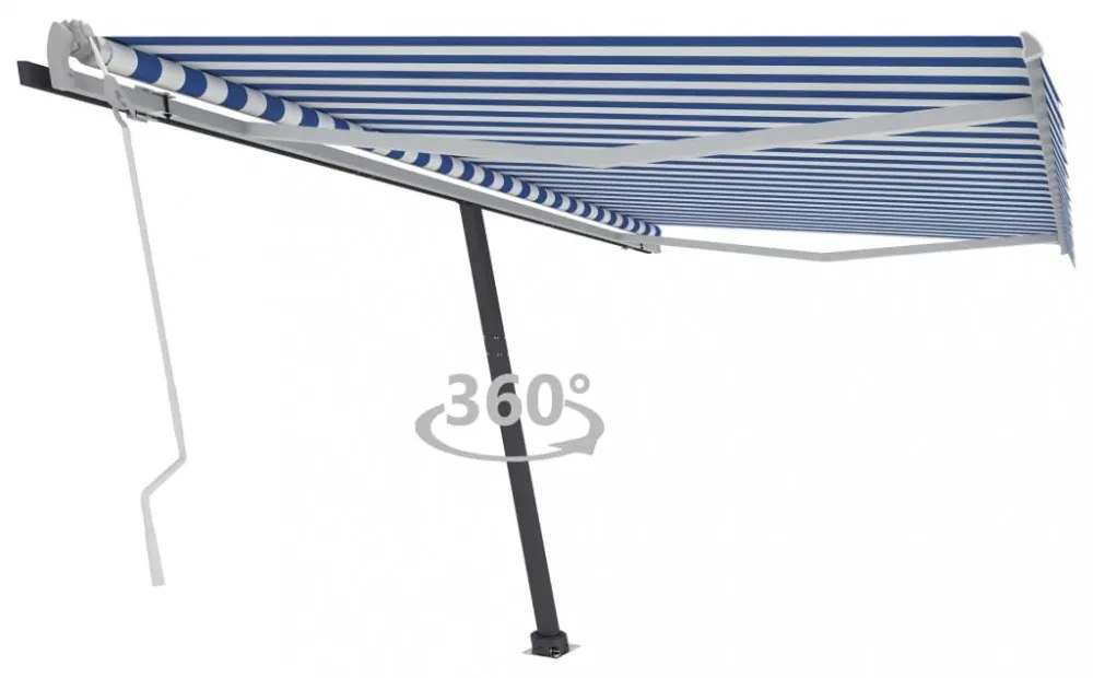 kék és fehér kézzel kihúzható póznás napellenző 450 x 300 cm